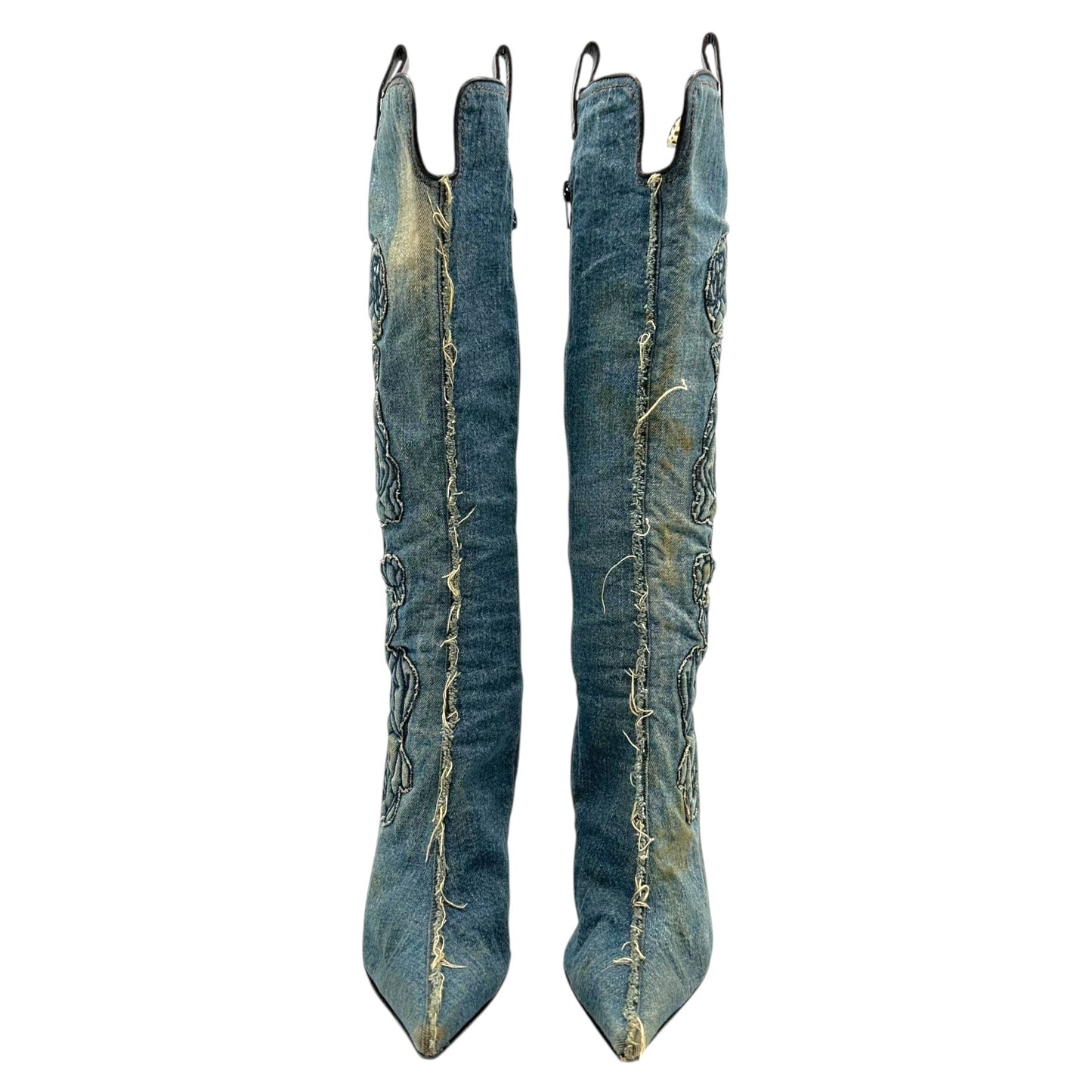 Roberto Cavalli Denim Embroidered Pointed Toe Heeled Boots