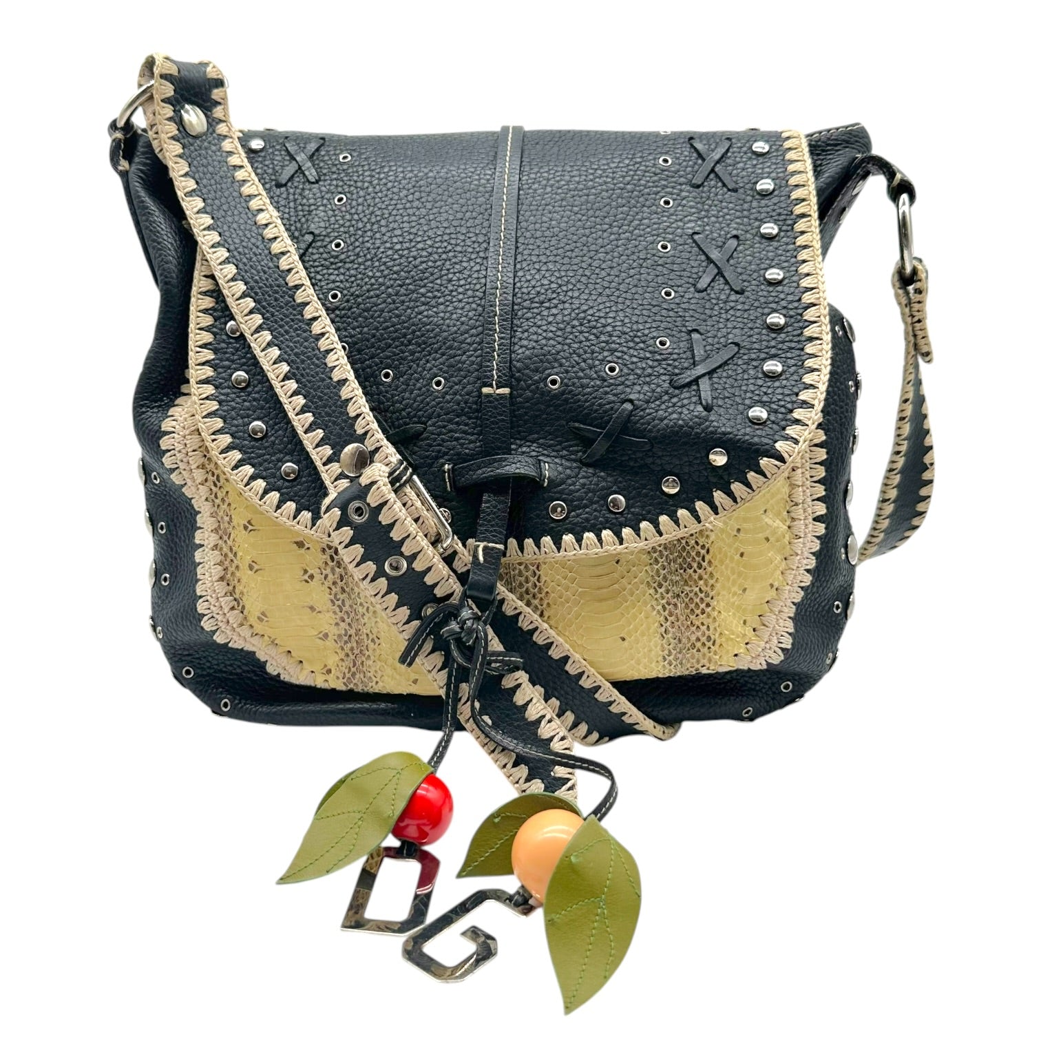 Dolce & Gabbana Black Leather Python Studded Messenger Bag