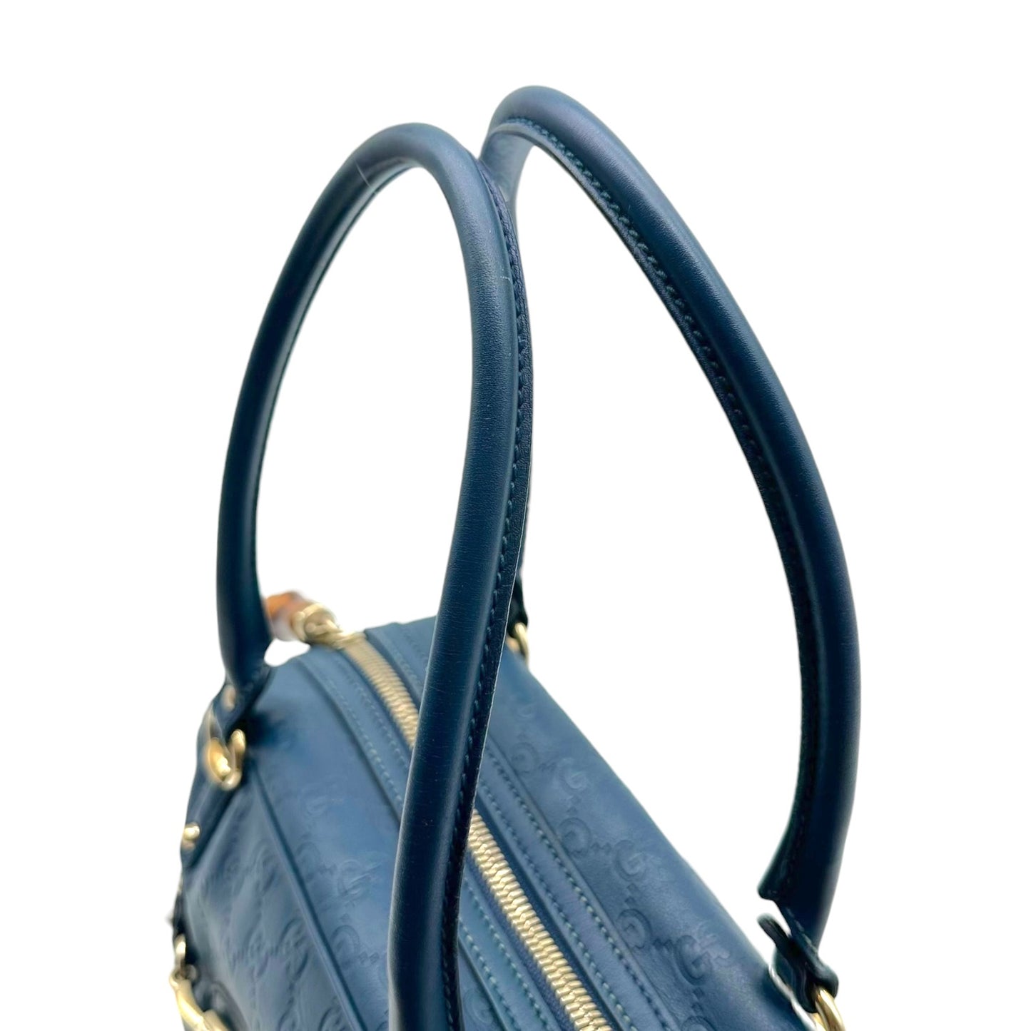 Gucci Navy Blue & Gold Bamboo Guccissima Monogram East-West Shoulder Bag