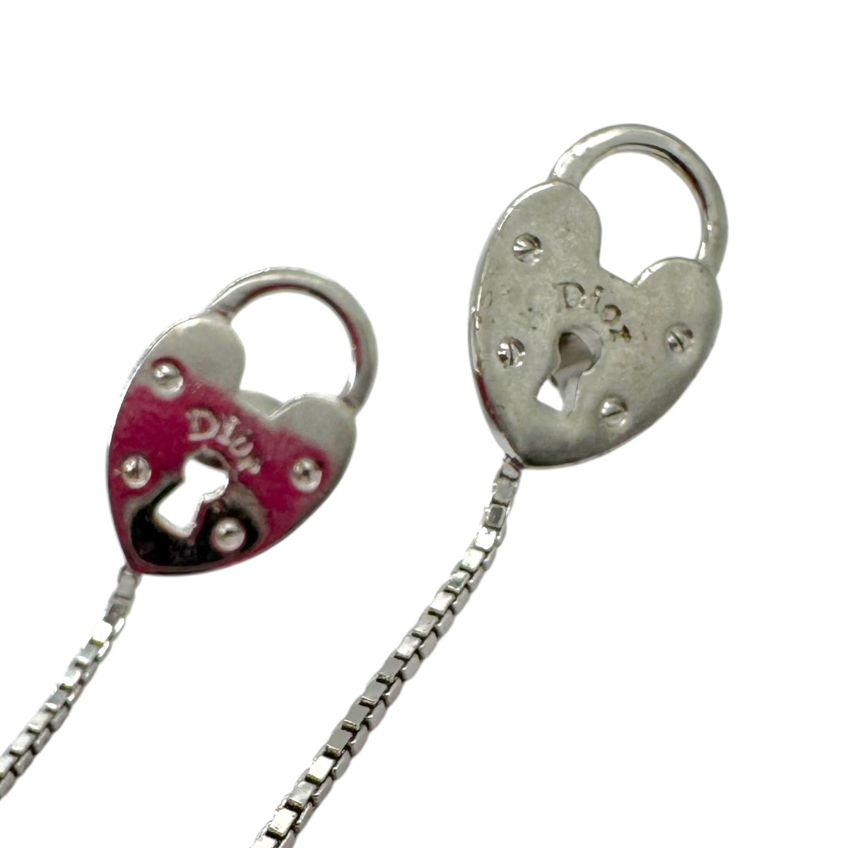 Christian Dior Silver Heart Lock Dangly Earrings