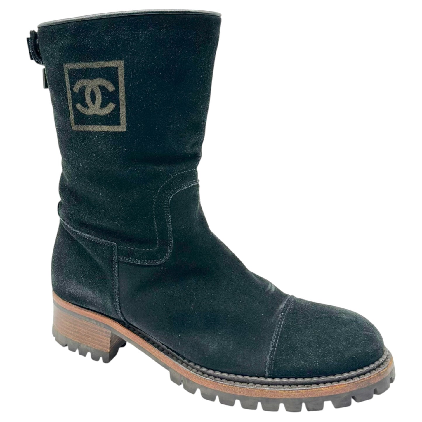 Chanel Sport Black Suede Shearling Lined Engineer Boots