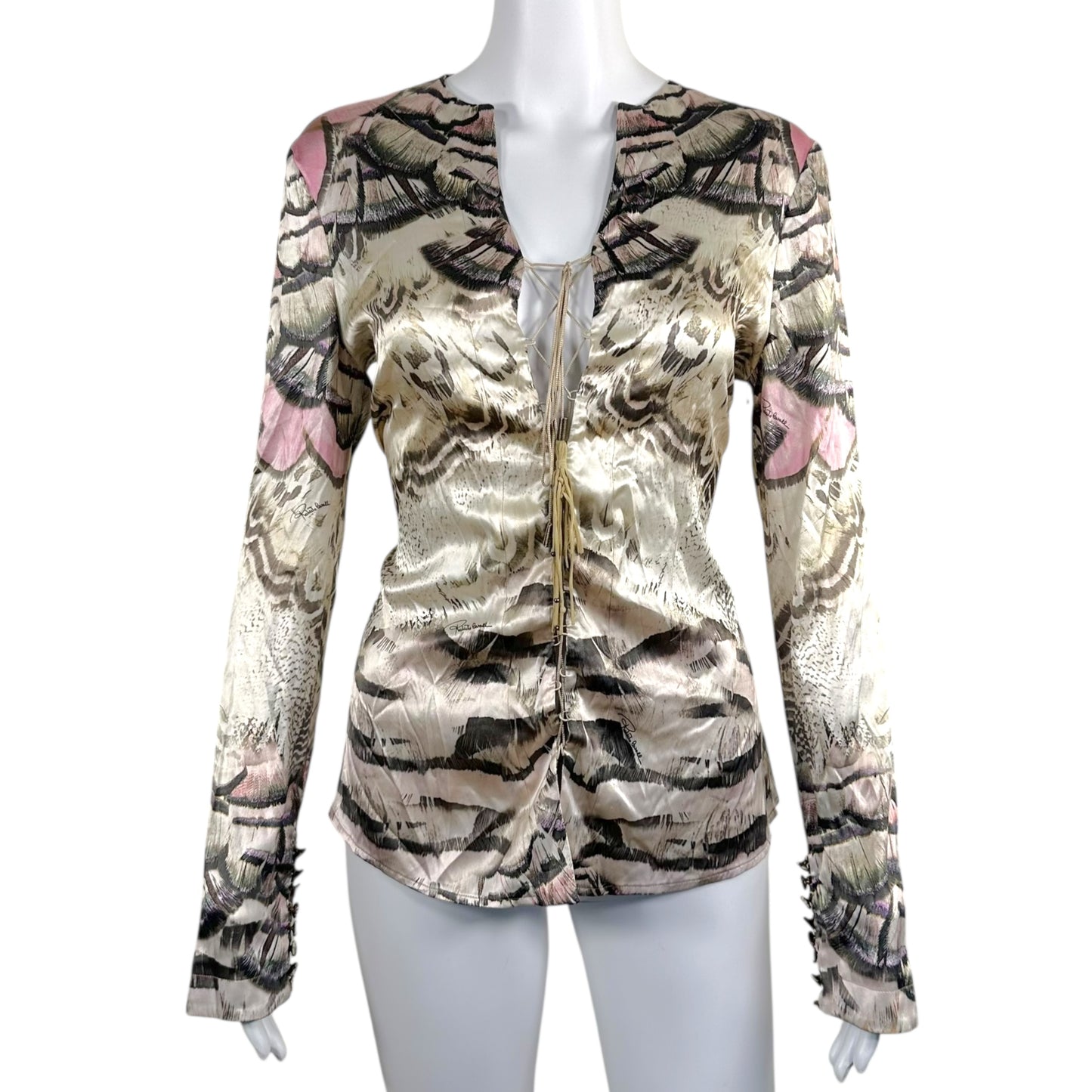 Roberto Cavalli Pink Feather Print Silk Lace Up Blouse - Outfit Repeater