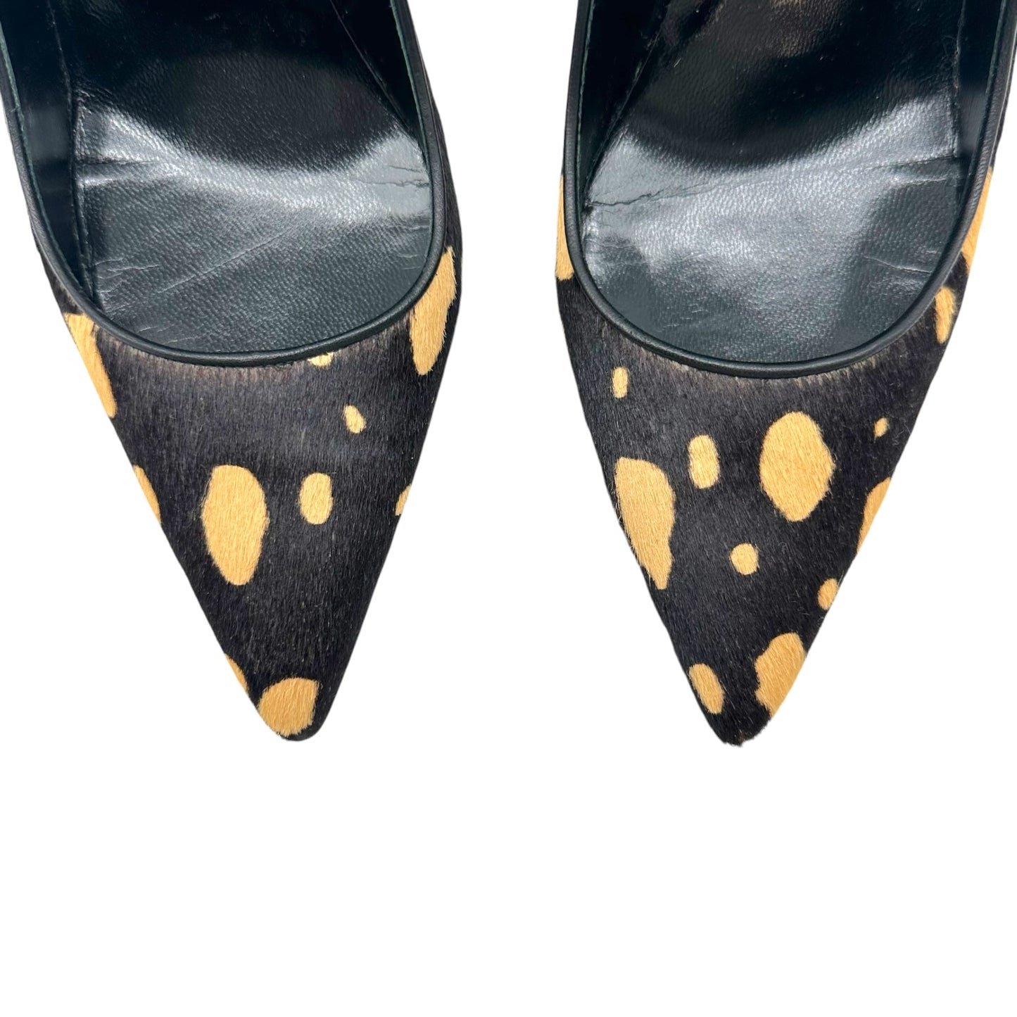 Manolo Blahnik Brown & Yellow Spotted Ponyhair Pointed Toe Pumps