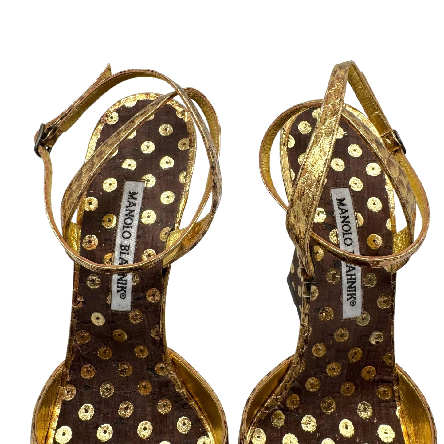 Manolo Blahnik Gold Python & Brown Cork Polka Dot Wedge Sandal Heels