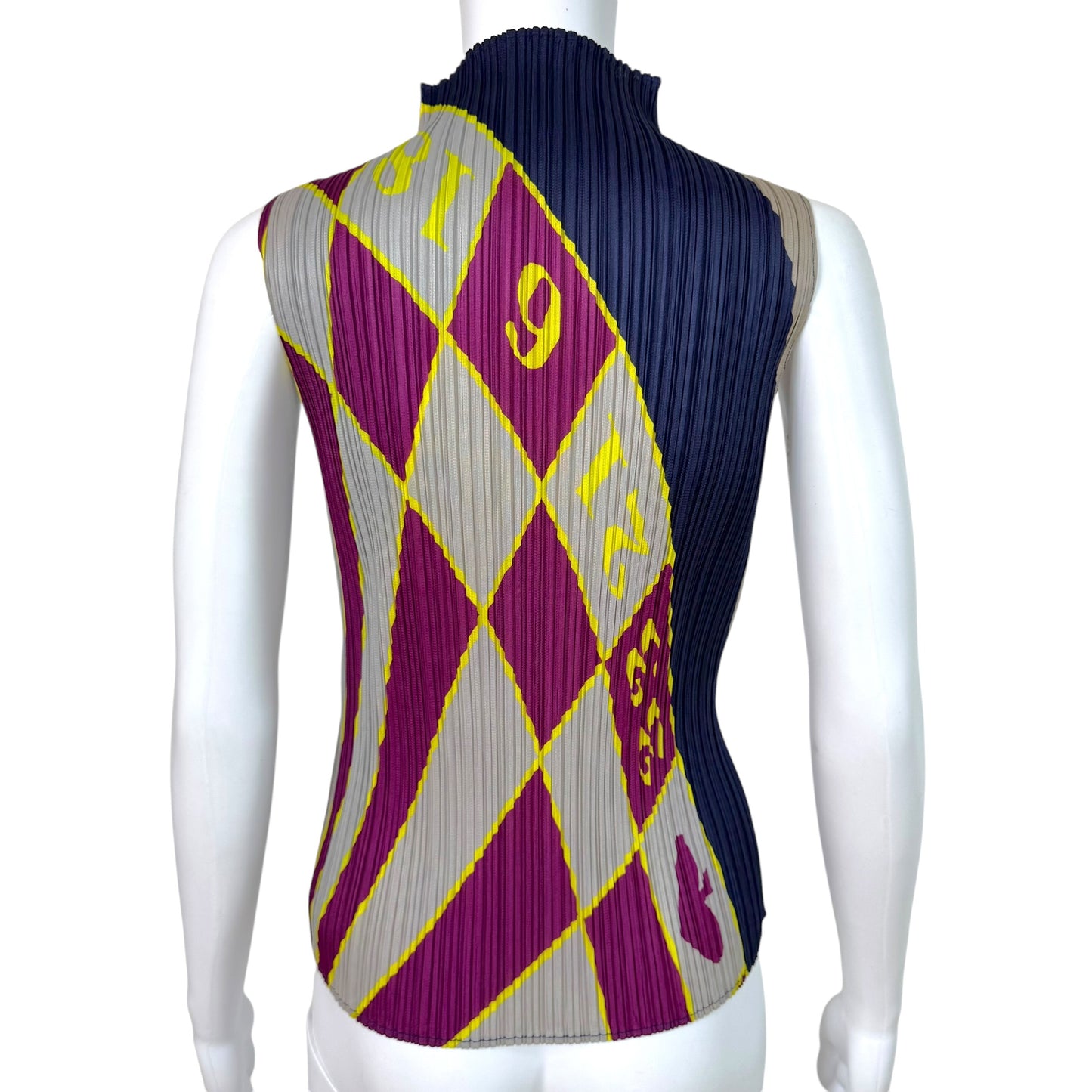 Issey Miyake Pleats Please Multicolor Roulette Print High Neck Sleeveless Top