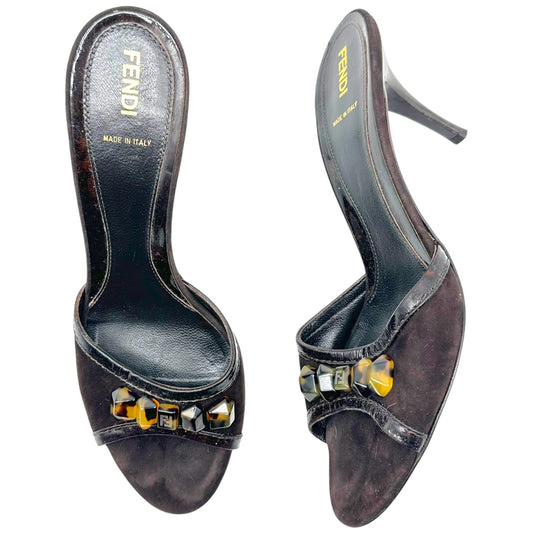 Fendi Brown Suede Kitten Heel Mules with Tortoise Beads