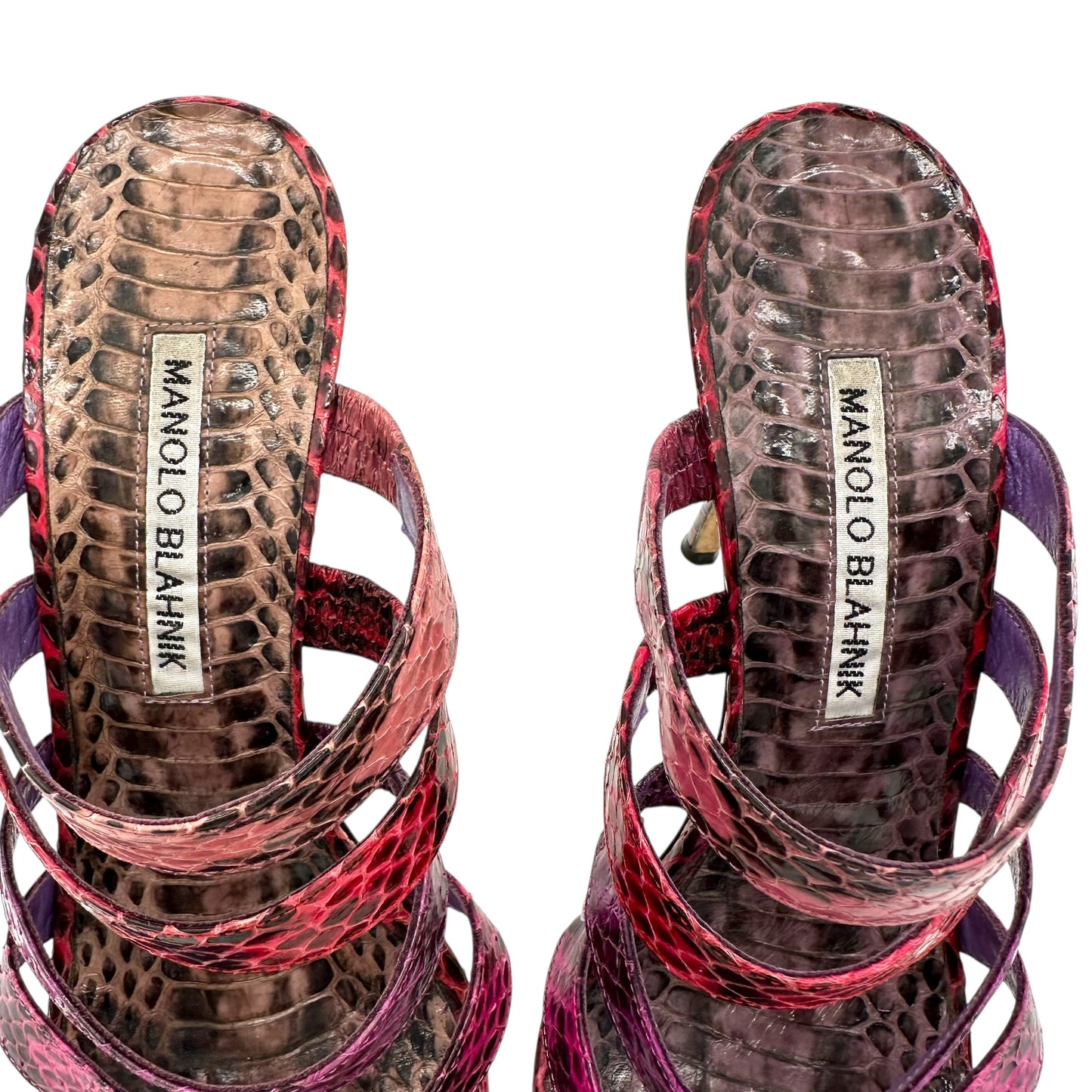 Manolo Blahnik Pink & Purple Strappy Snakeskin Mule Heels