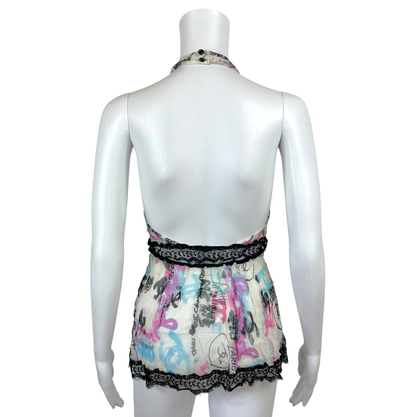 Chanel Cruise 2007 Sheer Silk Graffiti Print Silk & Lace Halter Top