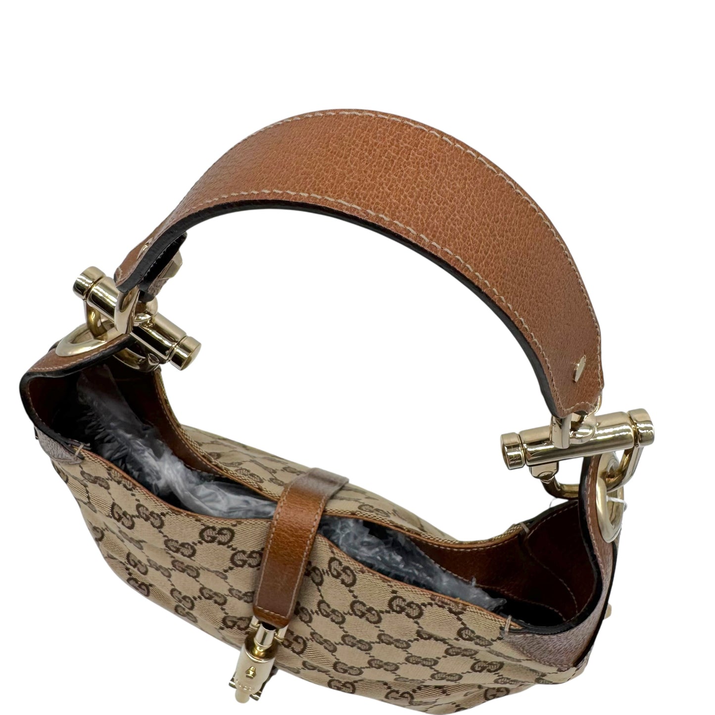 Gucci Tan Monogram & Brown Leather Piston Lock Shoulder Jackie Bag