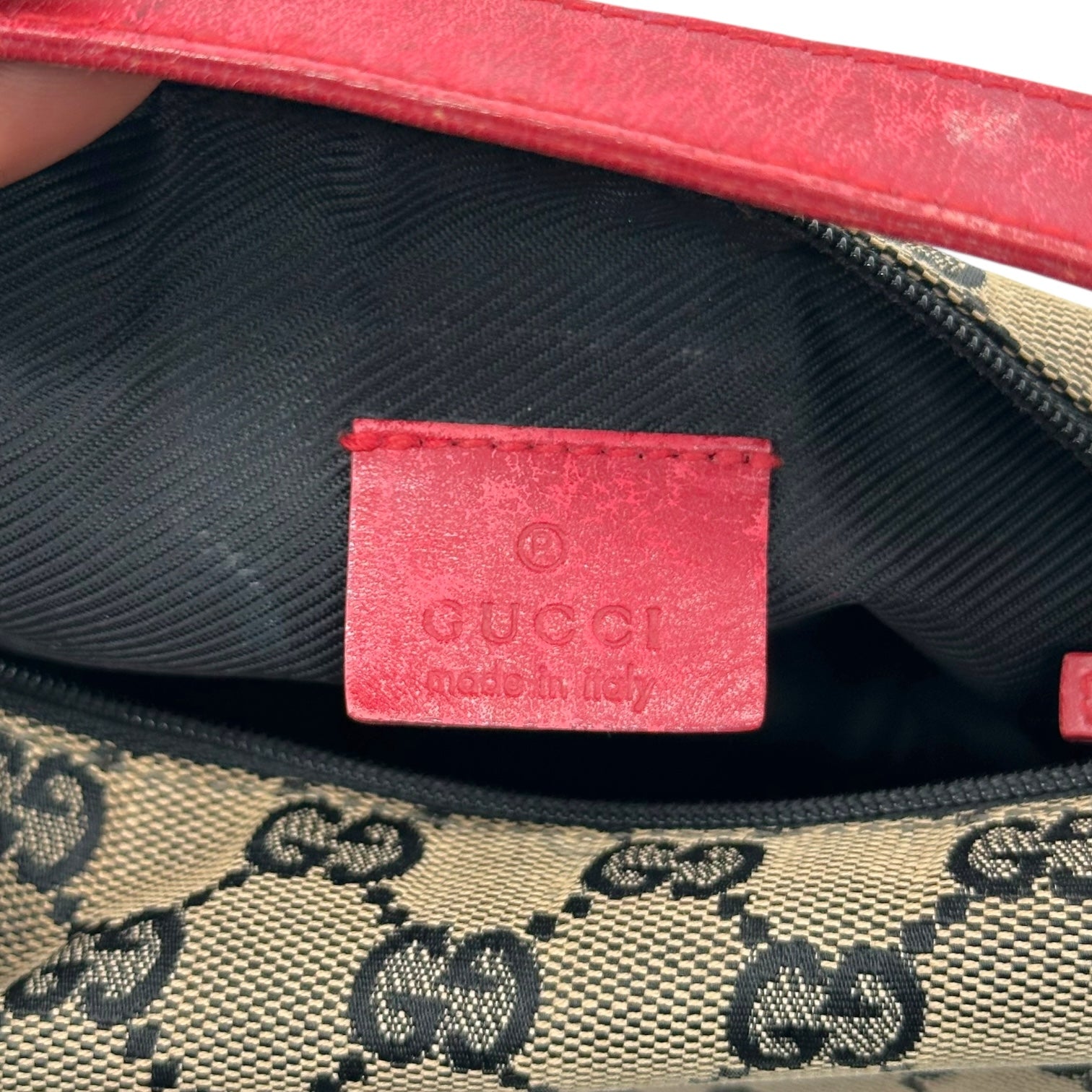 Gucci Gray Monogram & Red Leather Pochette Bag - Outfit Repeater