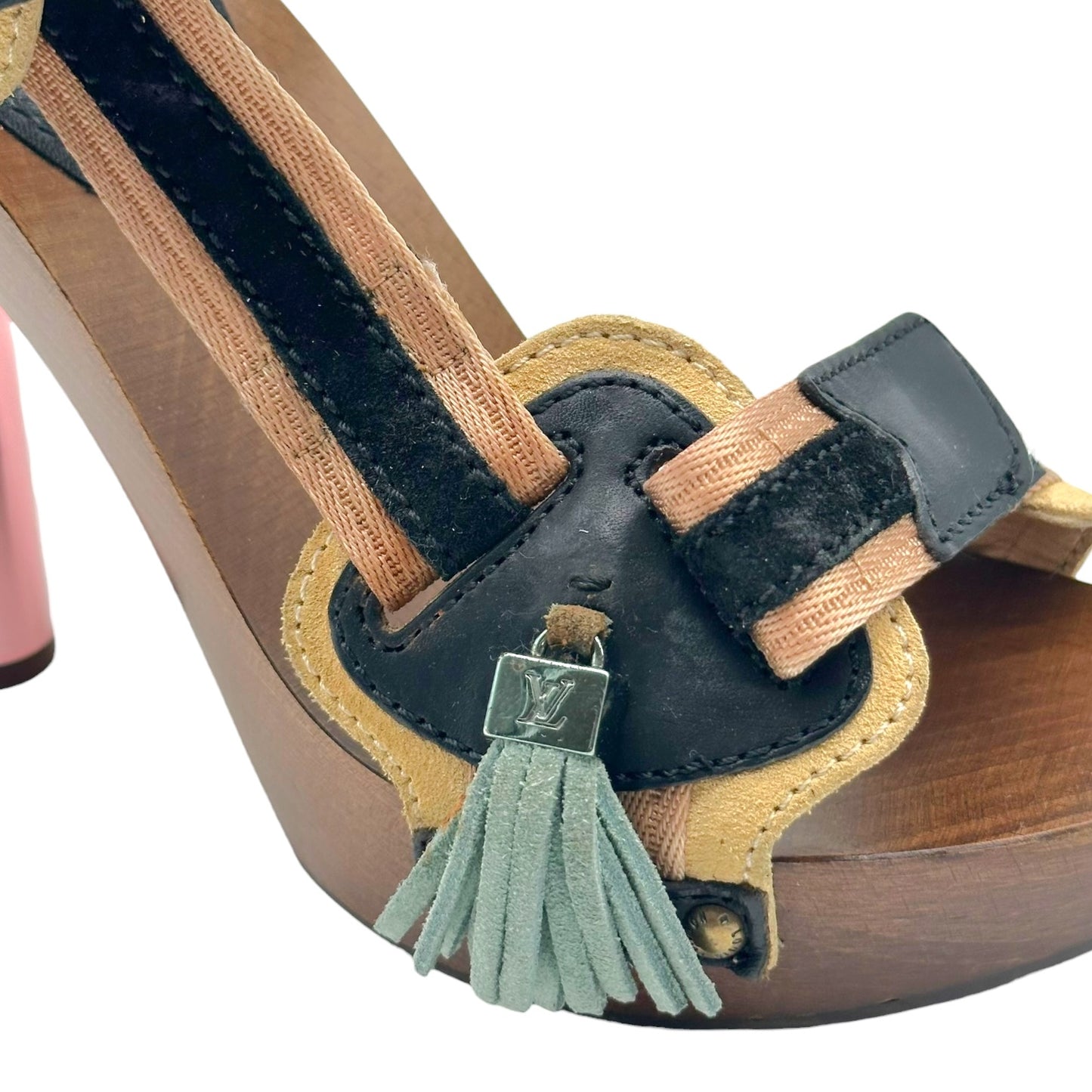 Louis Vuitton Runway Heels Black Beige Wood Metal Tassel