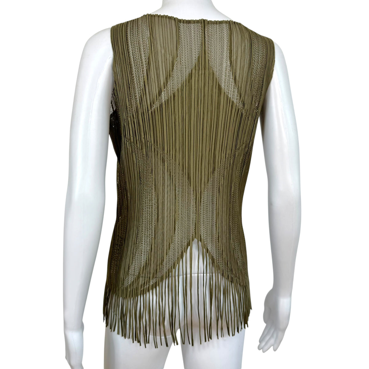 Issey Miyake Pleats Please Khaki Green Semi-Sheer Pleated Fringe Trim Tank Sz 3
