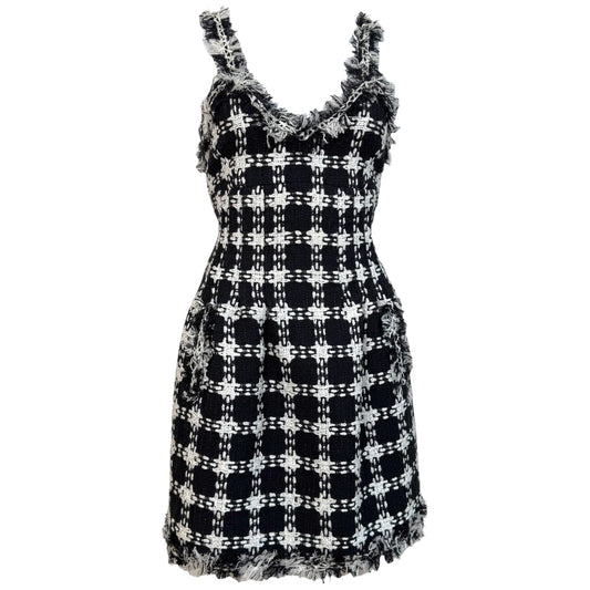 Chanel Mini Dress Black White Tweed Fringe Trim
