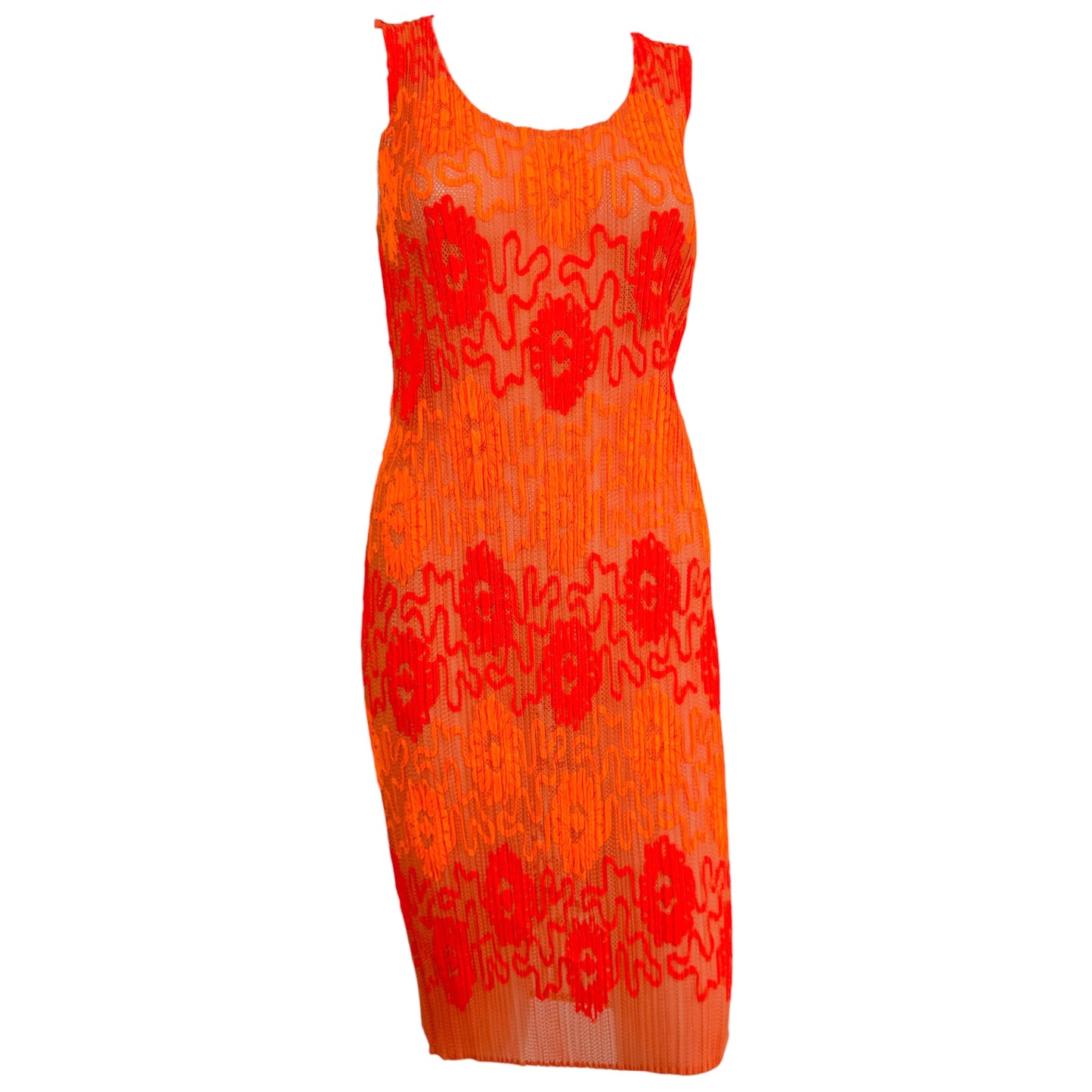 Issey Miyake Pleats Please Neon Orange Mesh & Floral Applique Pleated Sleeveless Midi Dress Sz 3