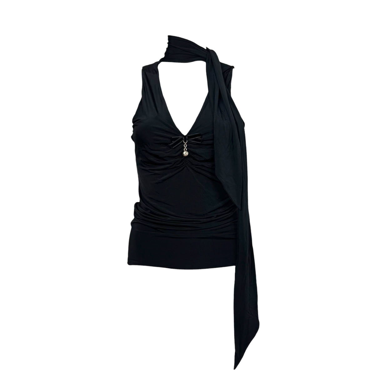 Gucci 2006 Black Tie Front Sleeveless Top w/ Gold Logo Charm
