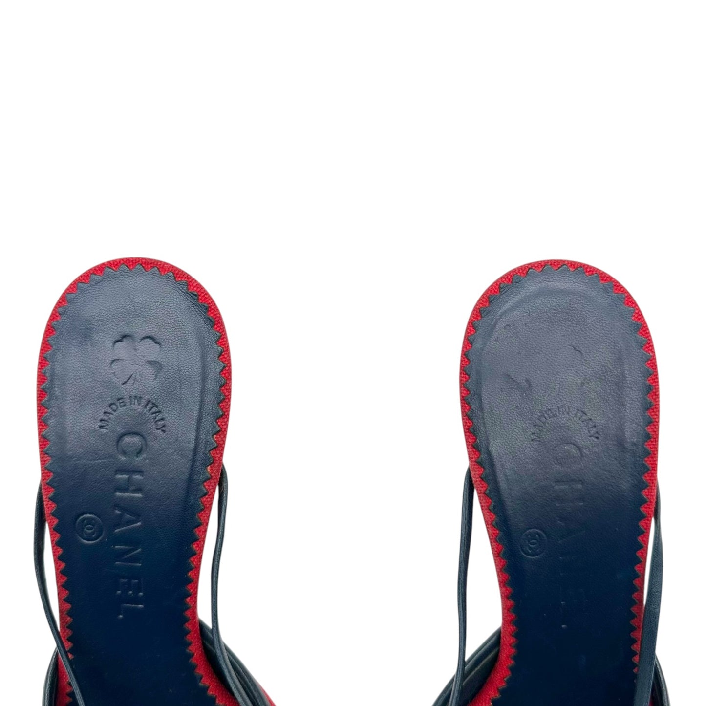 Chanel Red & Navy Kitten Heel Mules w/  Gold Clover Charms