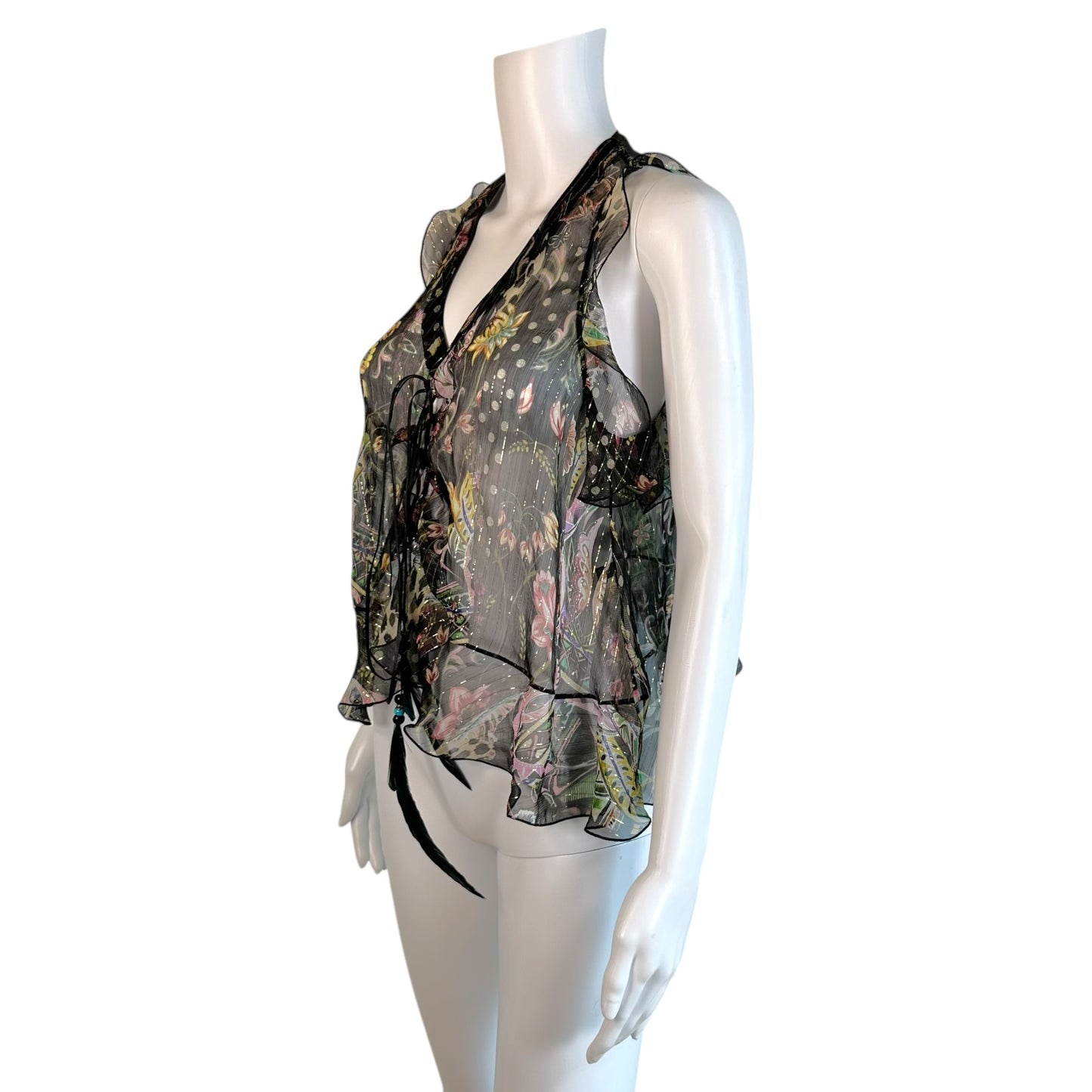 Roberto Cavalli Sheer Floral Print Silk Blouse