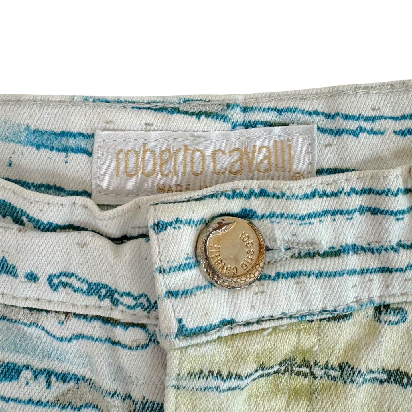 Roberto Cavalli Blue & Green Stripe Printed Denim Capri Pants