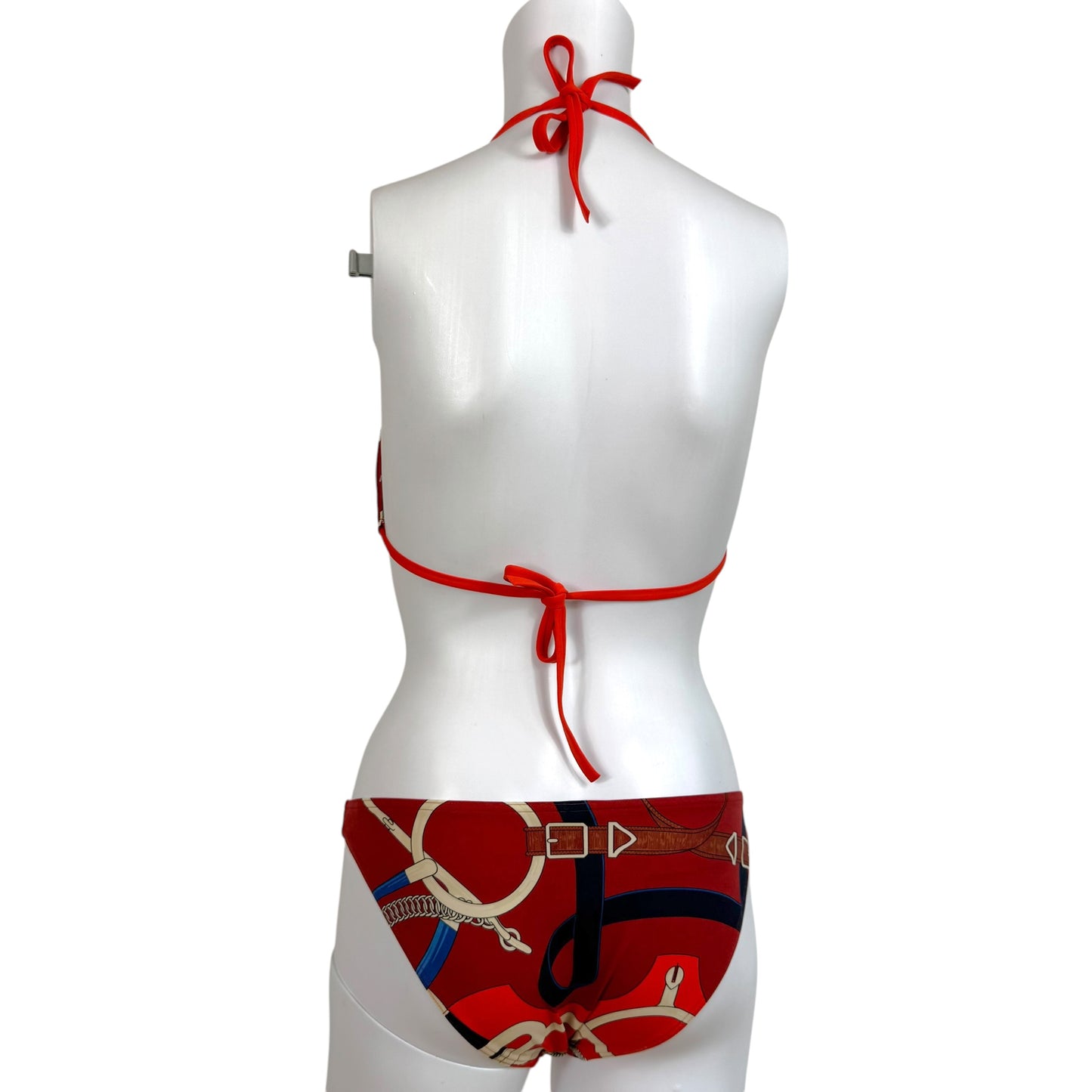 Hermes Burgundy & Red Buckle Print Triangel Tie Bikini Set
