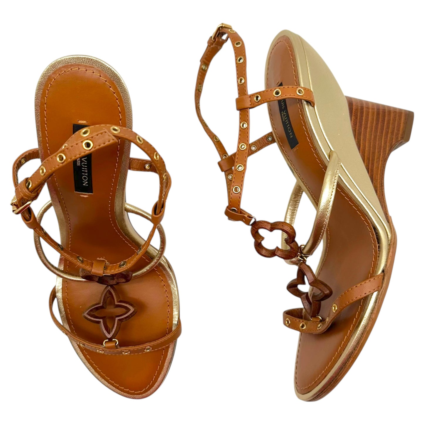 Louis Vuitton Brown & Gold Logo Motif Wooden Wedge Heel Sandals