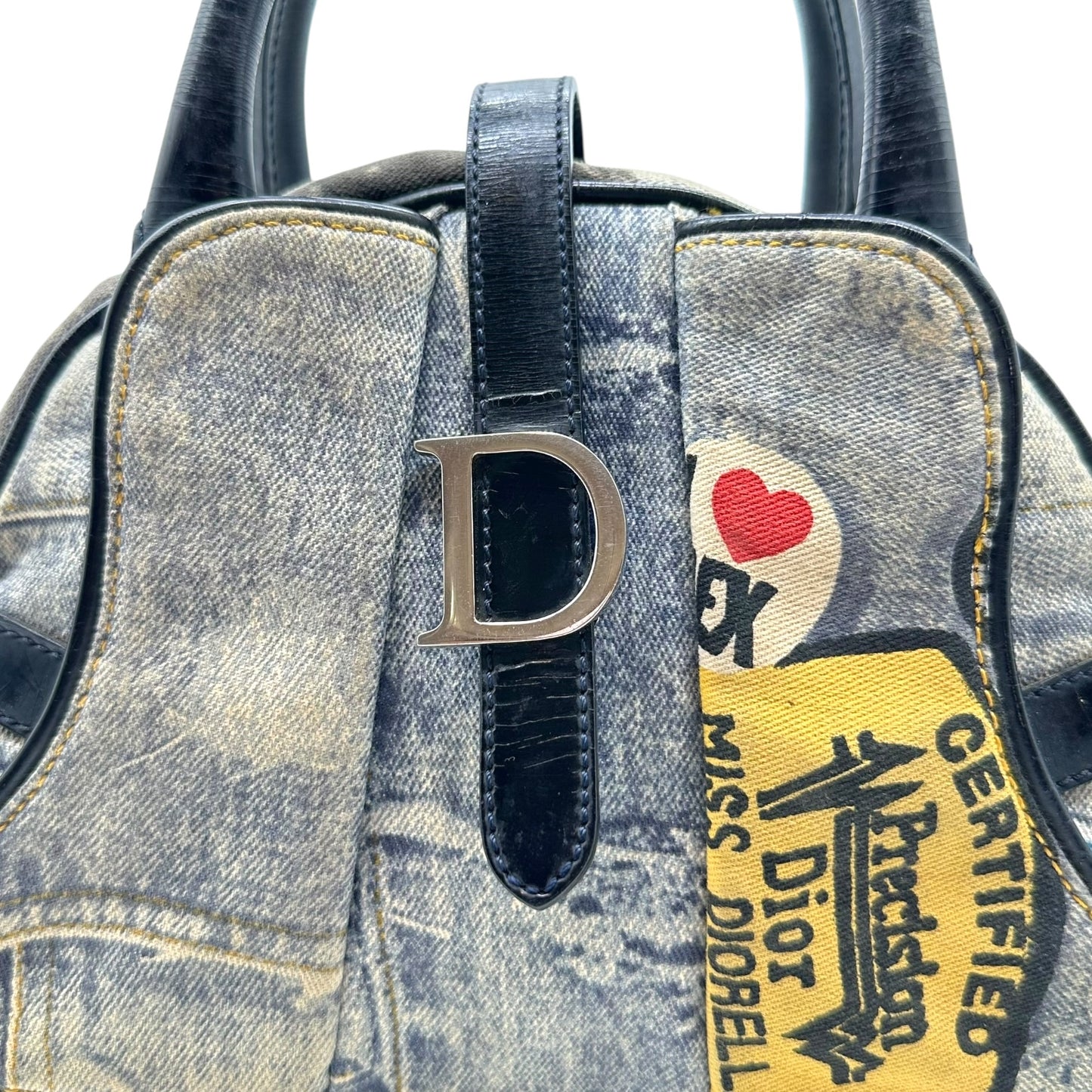 Christian Dior Miss Diorella Denim Printed Double Saddle Bowler Bag