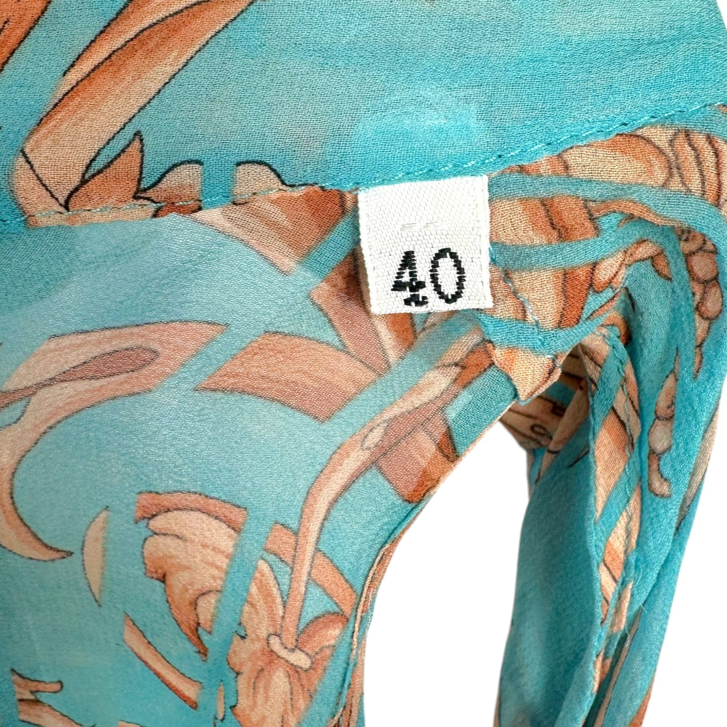 Gianni Versace Turquoise & Beige Damask Print Tie Front Sheer Silk Sleeveless Blouse