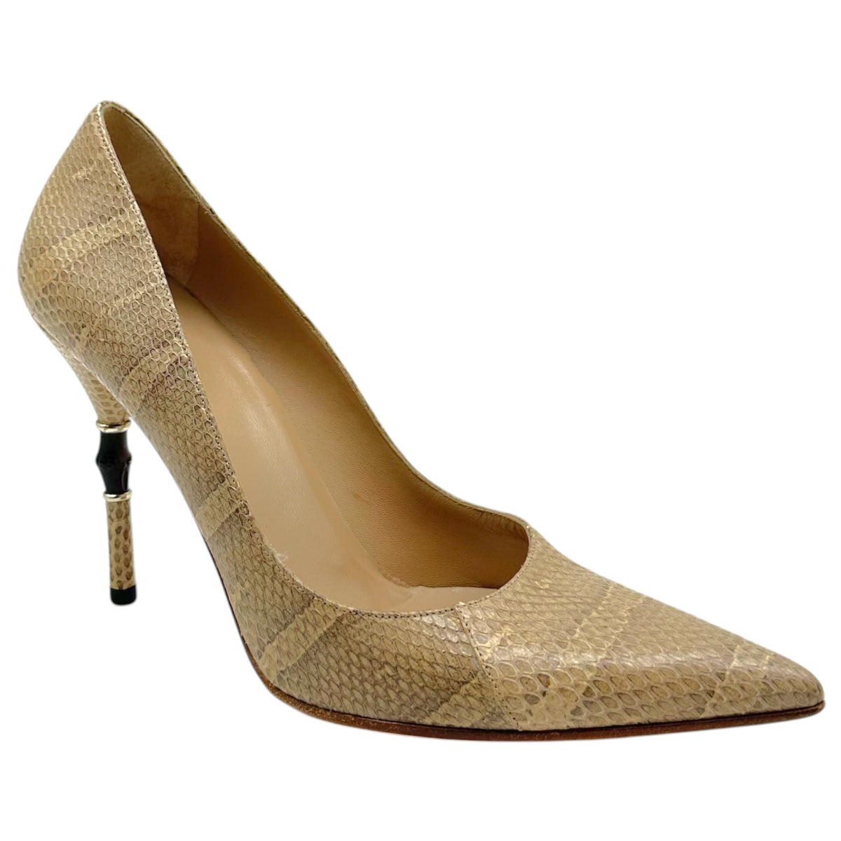 Gucci Ivory Snakeskin Bamboo Heel Pointed Toe Pumps