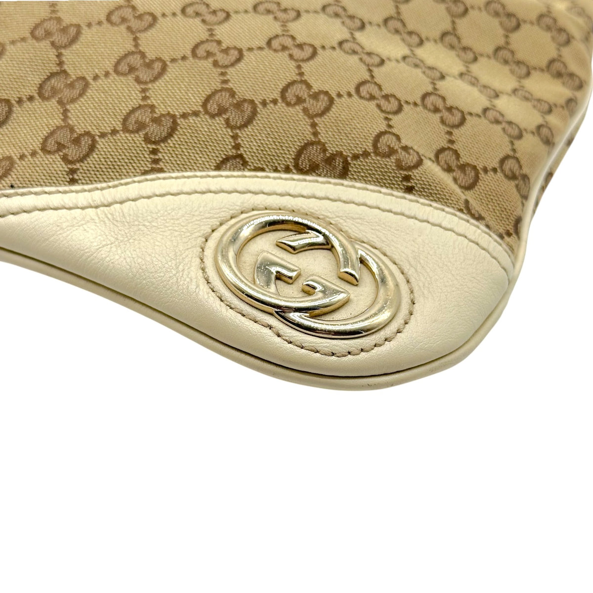 Gucci Ivory Leather Tan Monogram Shoulder Hobo Bag