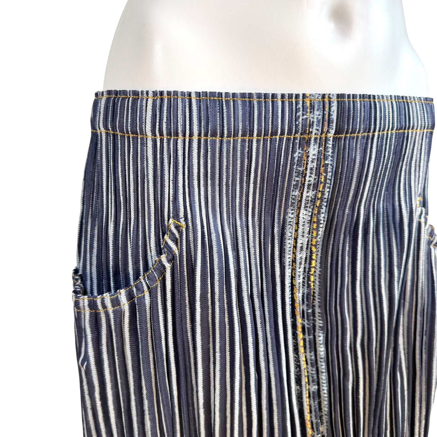 Issey Miyake Pleats Please Two-Tone Denim Print Pleated Balloon Midi Skirt Sz 3