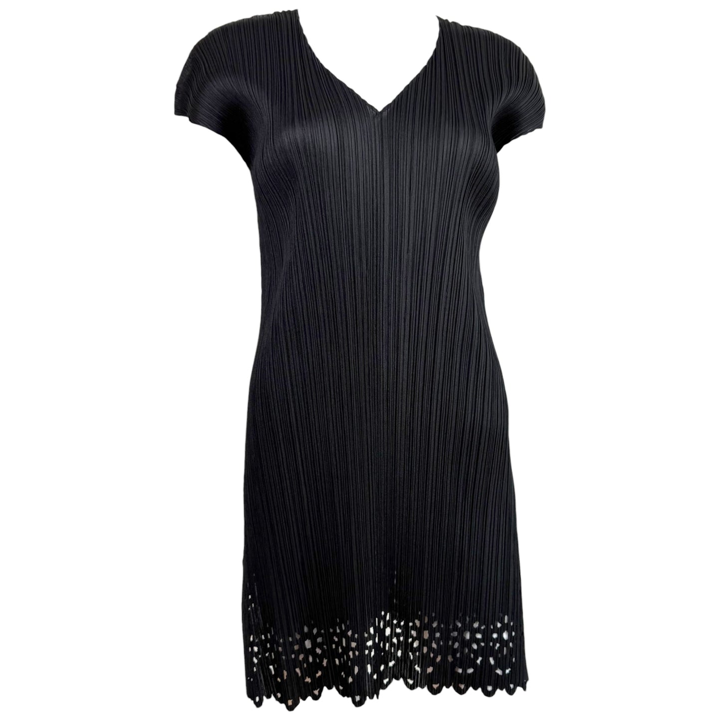 Issey Miyake Pleats Please Black Laser Cut-Out Trim Pleated Mini Dress Sz 3