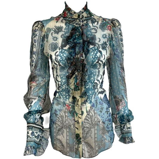 Roberto Cavalli Blue Floral Print Metallis Sheer Blouse