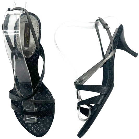 Louis Vuitton Black Satin Monogram Python Kitten Heel Sandals