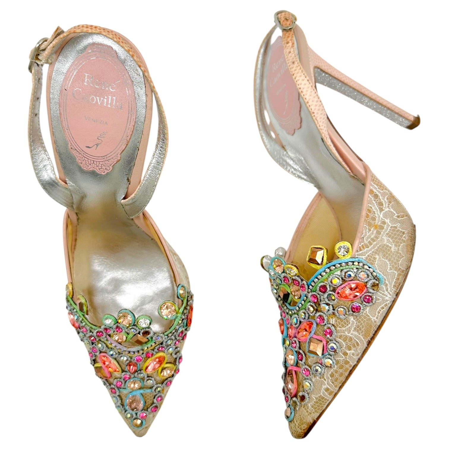 Rene Caovilla Slingback Heels Multicolor Crystal Beige Lace