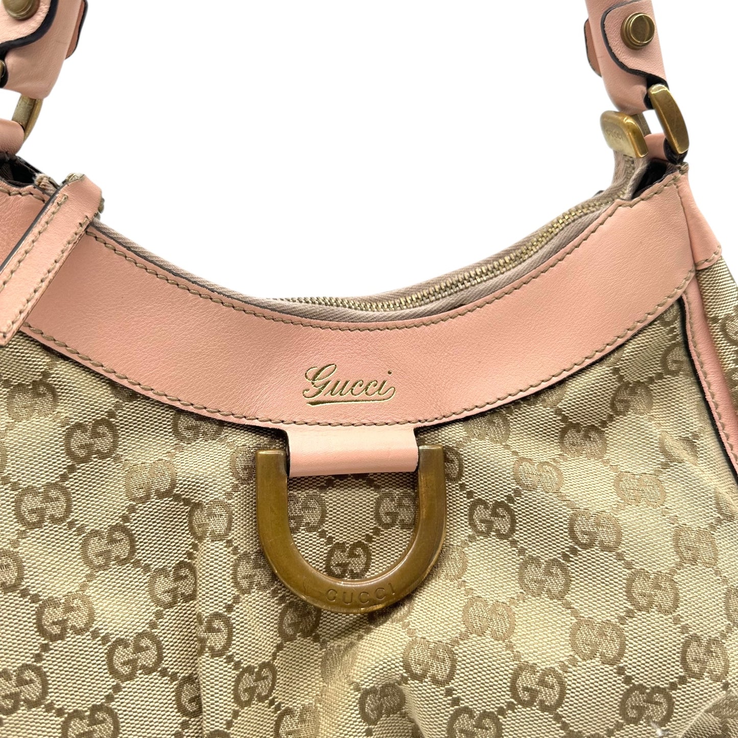 Gucci Tan Monogram & Pink Leather Small Abby Hobo Bag