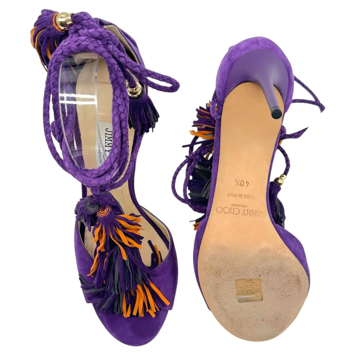 Jimmy Choo Purple Orange Suede Fringe Wrap Sandal Heels