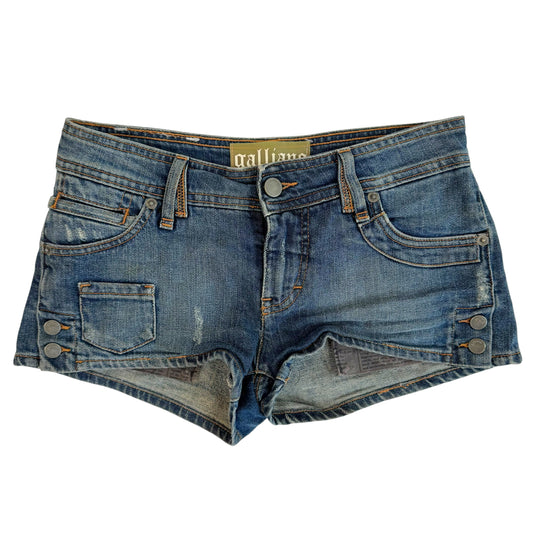 Galliano Dark Wash Denim Mini Shorts with Gazette Print Pocket