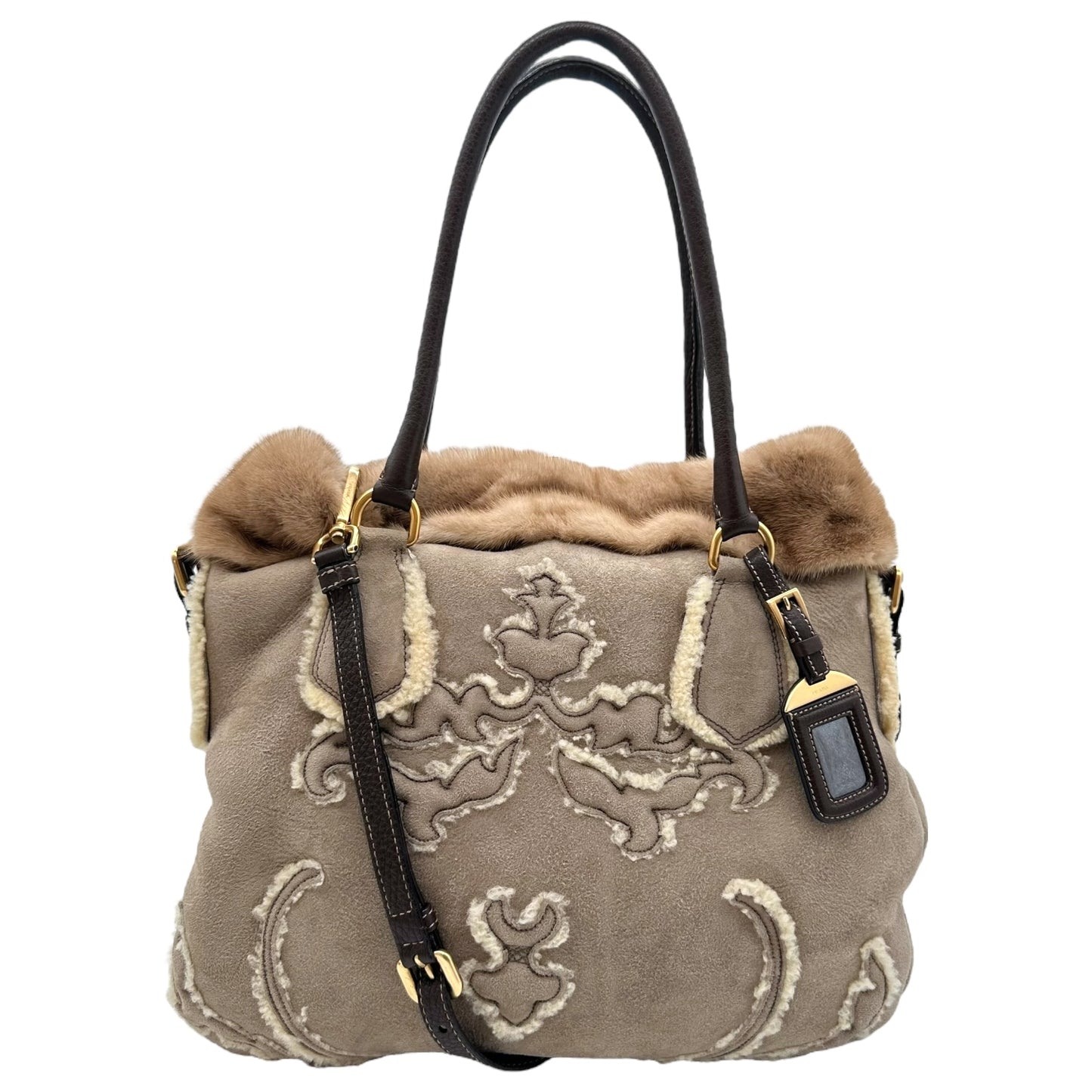 Prada Mink & Shearling 2-Way Embroidered Tote Bag