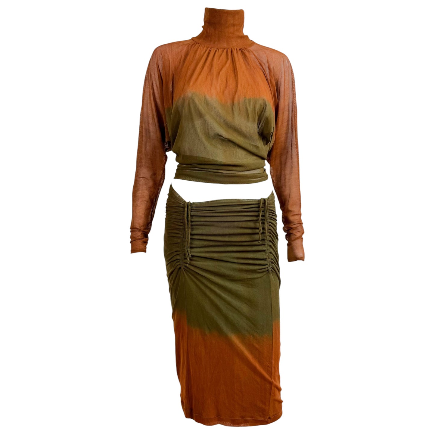 Plein Sud Sun Brown & Green Ombre Mesh Turtleneck Midi Skirt Set