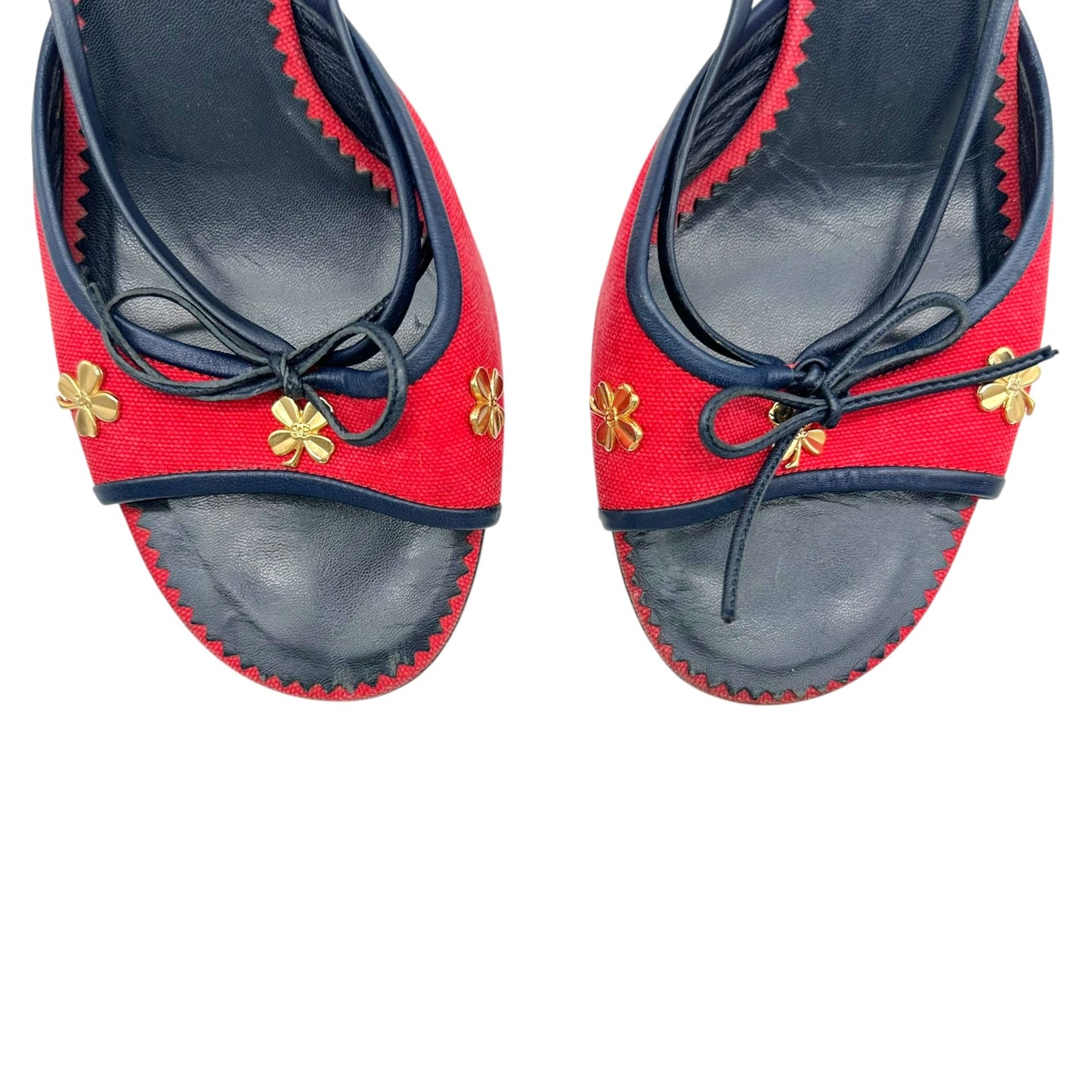 Chanel Red Navy Kitten Heel Mules Gold Clover Charms