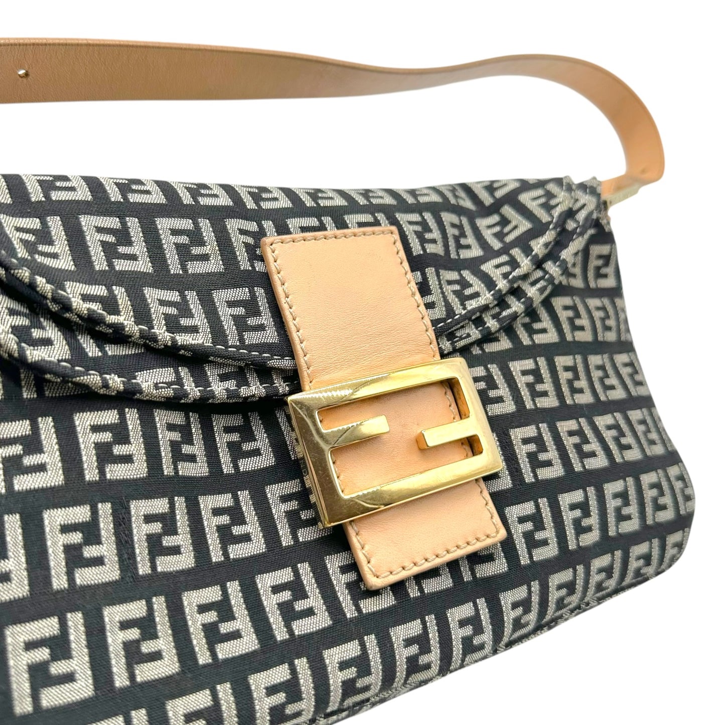 Fendi Fold-Over Baguette Bag Black Beige Zucchino Monogram