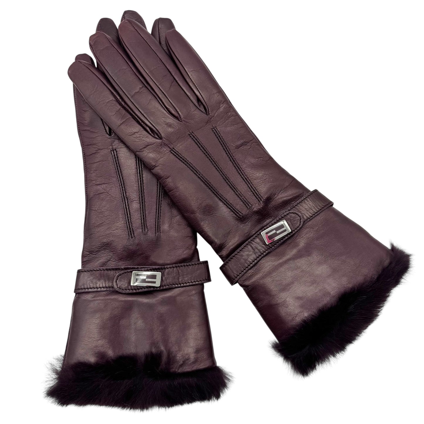 Fendi Burgundy Leather Fur Trim Gloves