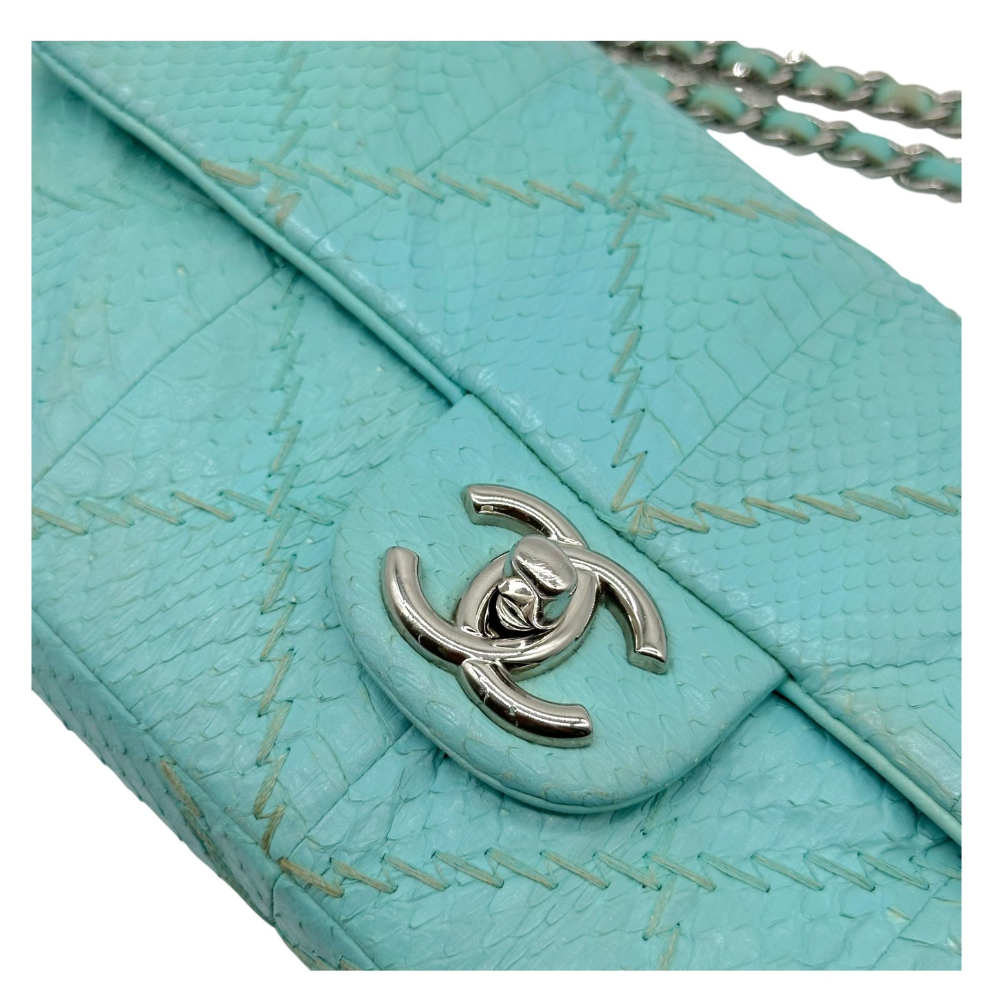 Chanel Light Blue Python Wild Stitch Small East West Flap Bag