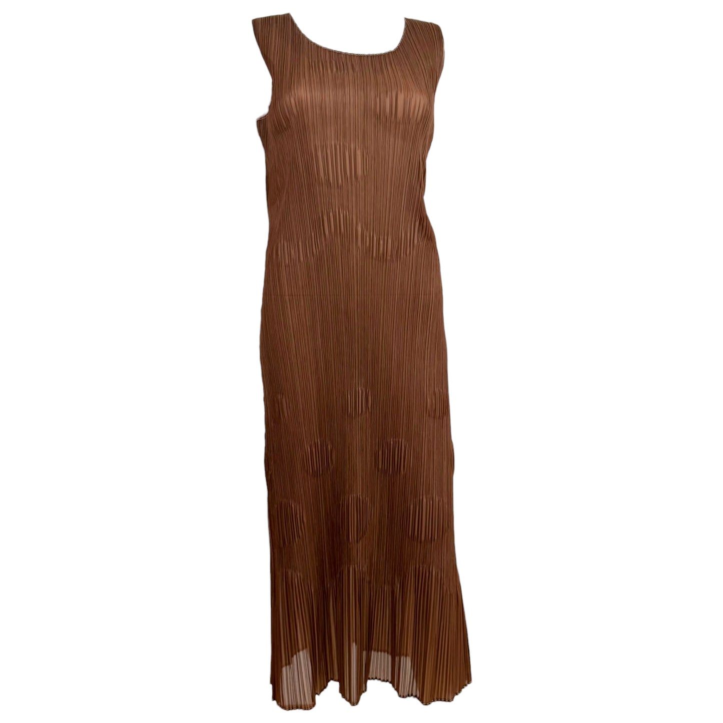 Issey Miyake Pleats Please Brown Circle Embossed Pleated Maxi Dress Sz 4