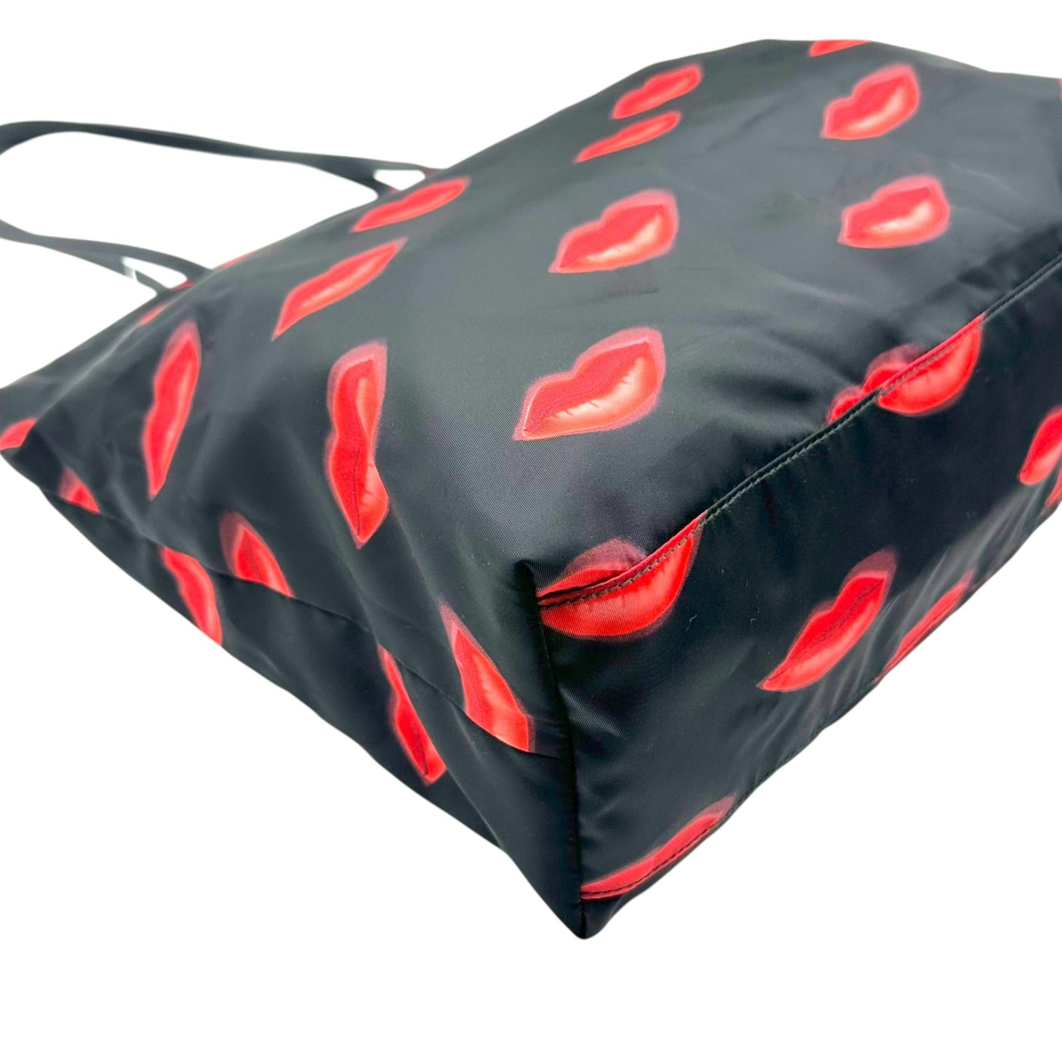Prada Black Red Lip Print Nylon Tote Bag