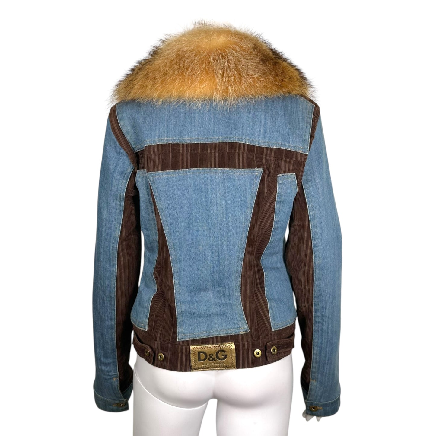 D&G Dolce & Gabbana Corduroy and Denim Fox Fur Trim Jacket
