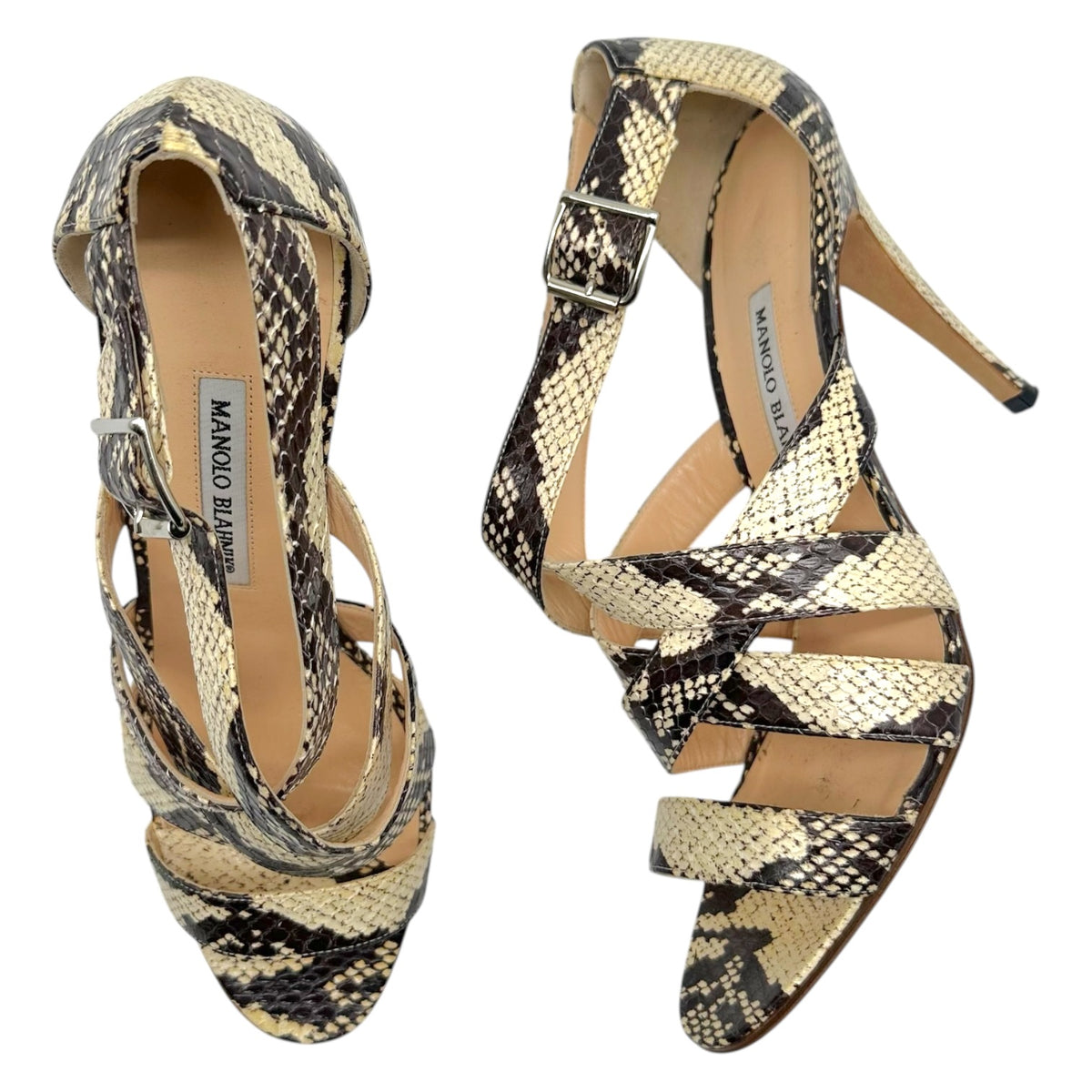 Manolo Blahnik Black & Ivory Python Strappy Heeled Pumps