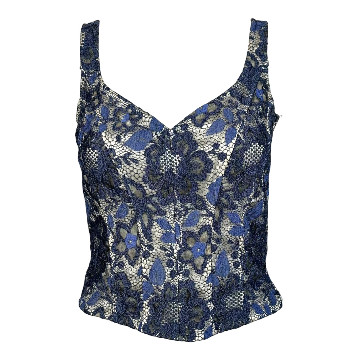Escada Ivory Silk & Navy Blue Lace Bustier Top