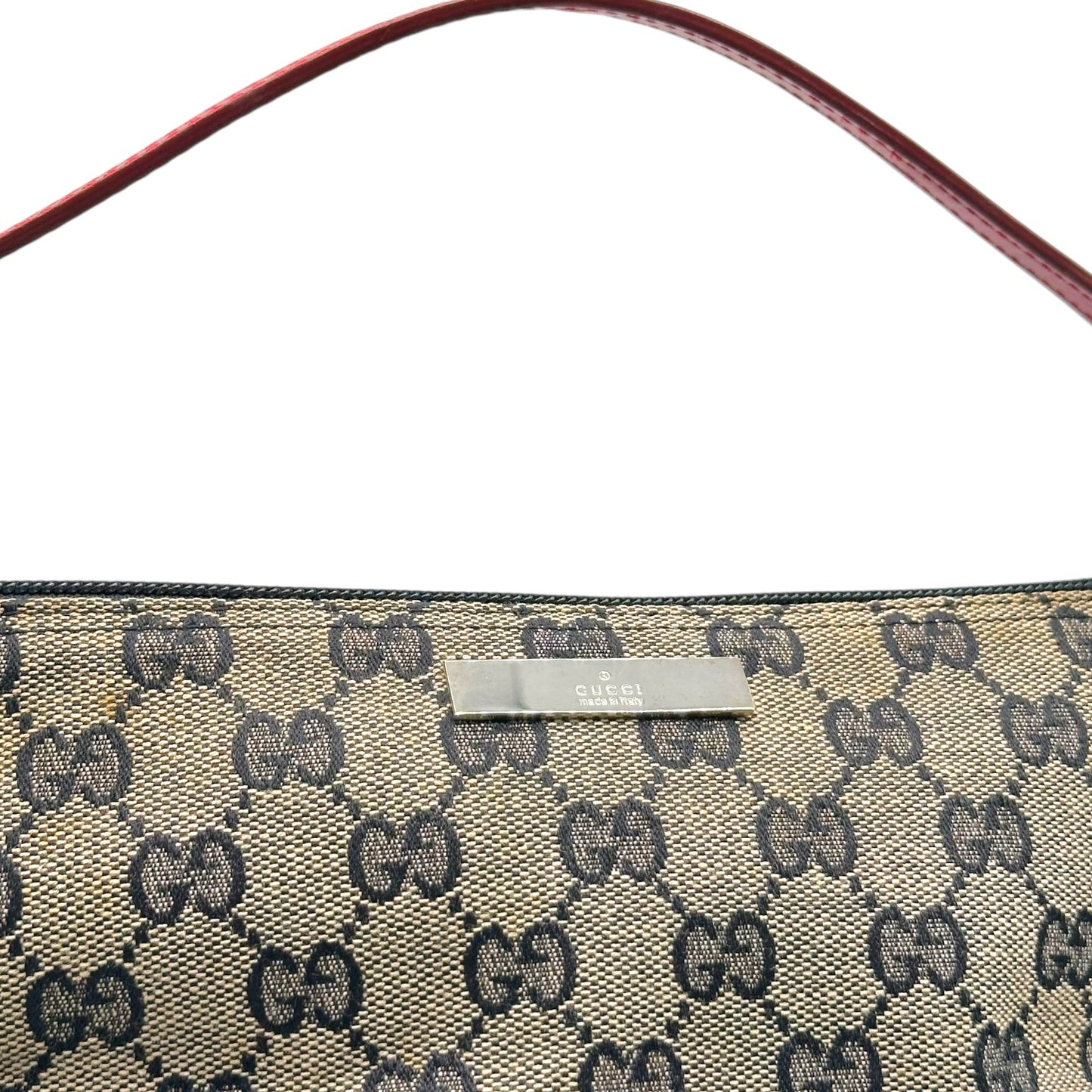 Gucci Red Leather Gray Monogram Boat Pochette Bag