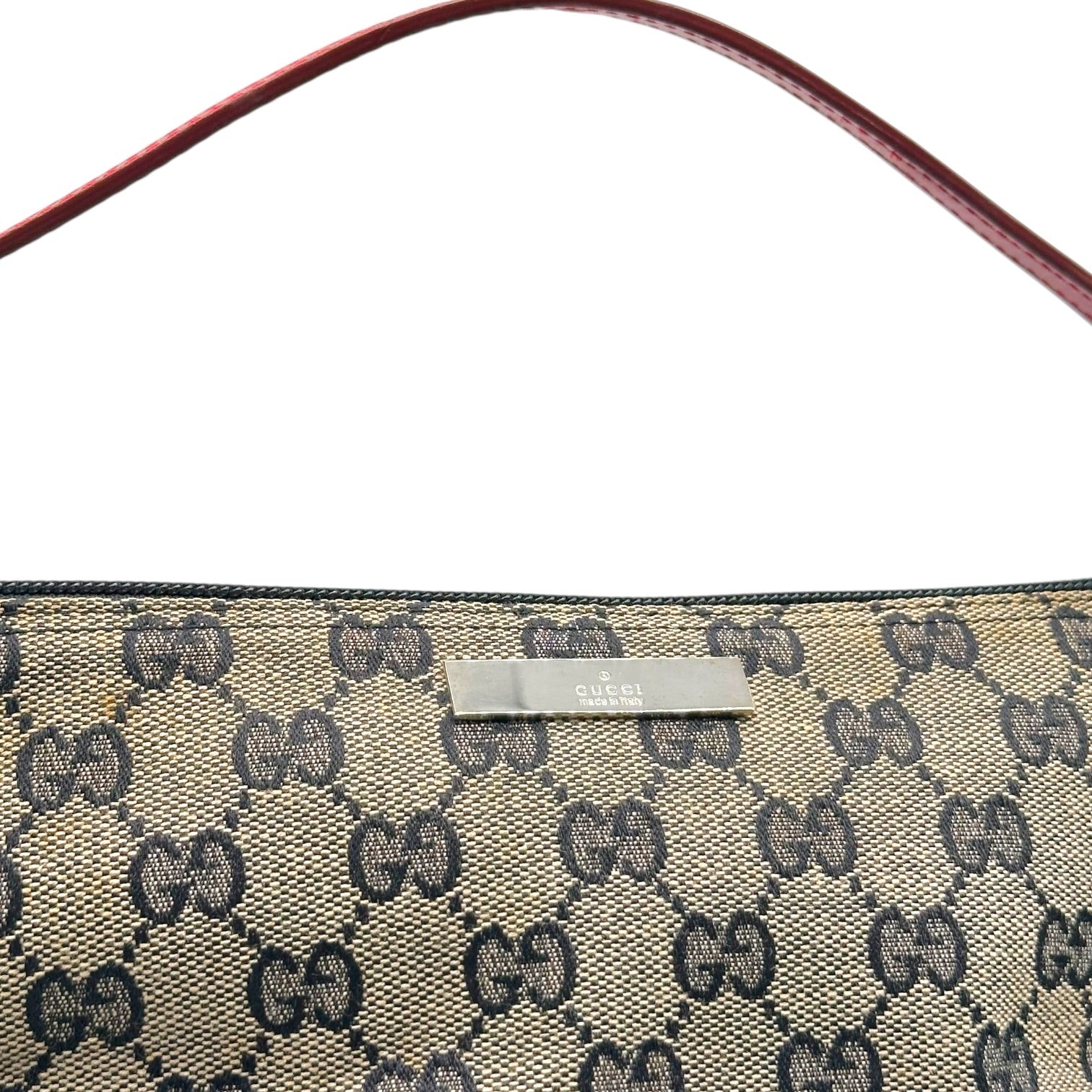 Gucci Red Leather Gray Monogram Boat Pochette Bag
