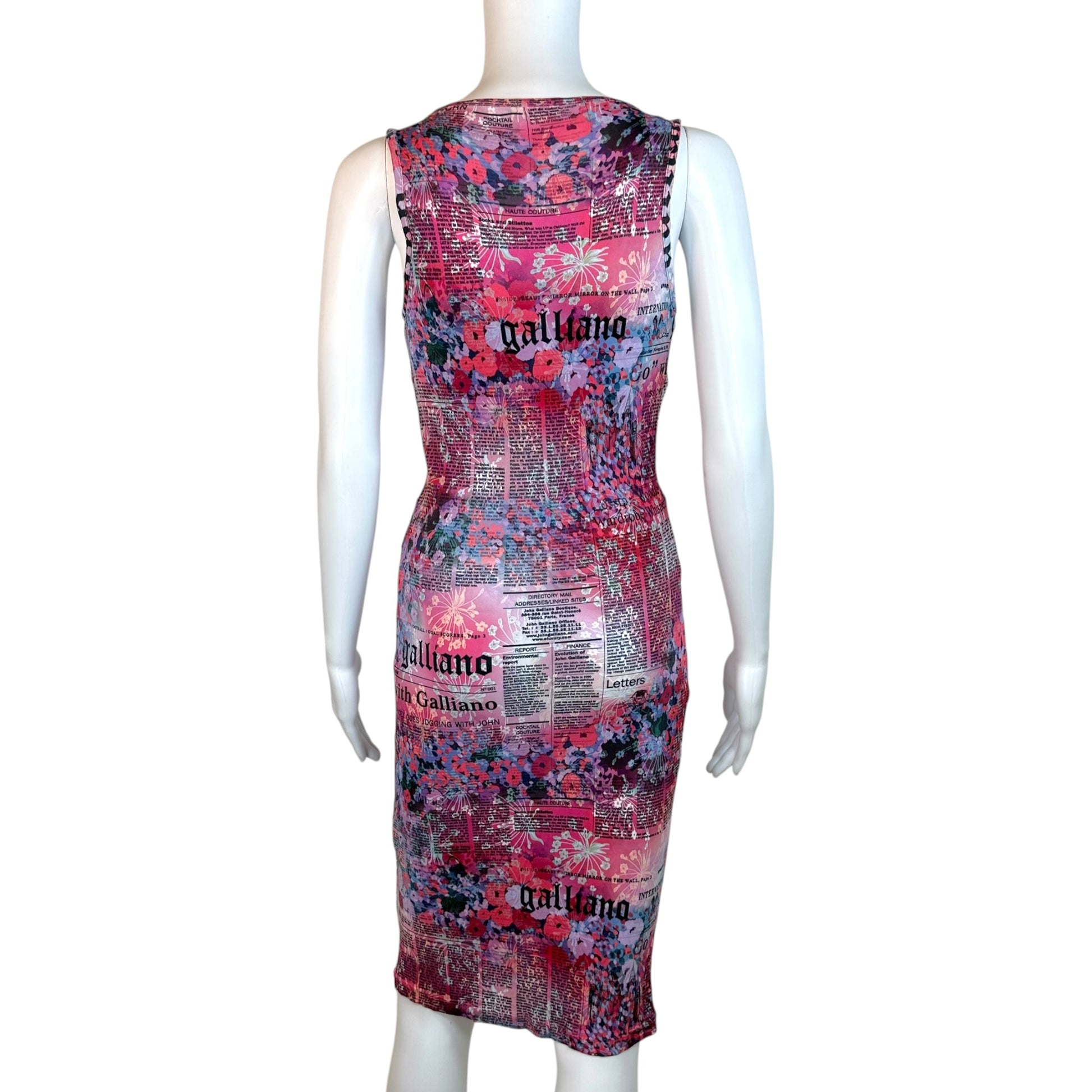 Galliano Cross Front Midi Dress Newsprint Floral Print